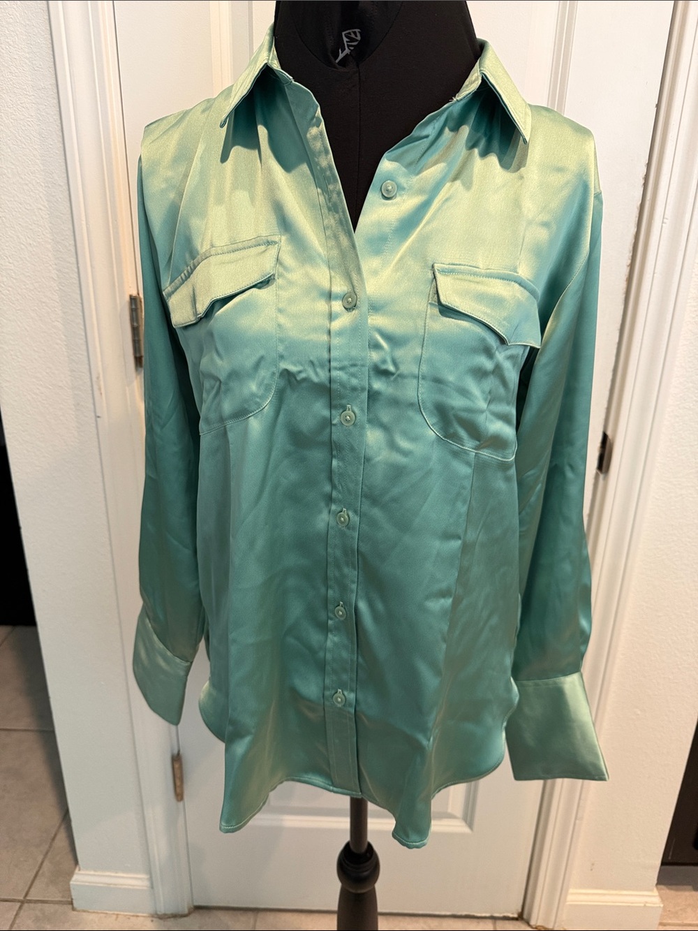 LOFT Satin Button-Front Shirt in Mint
